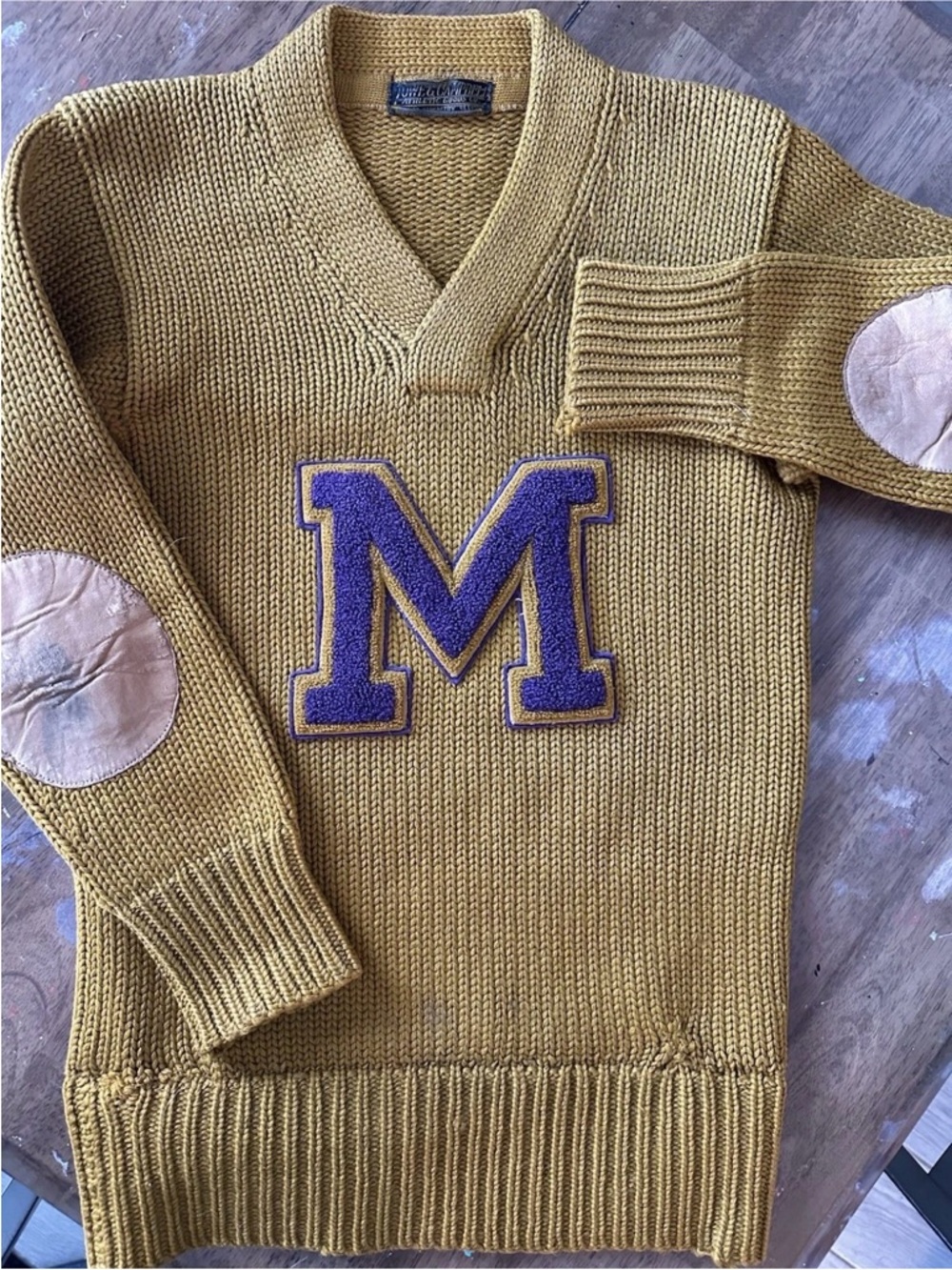 30s/40s Vintage Letterman 'M' Knit V-Neck Sweater - Mustard - elbow patches